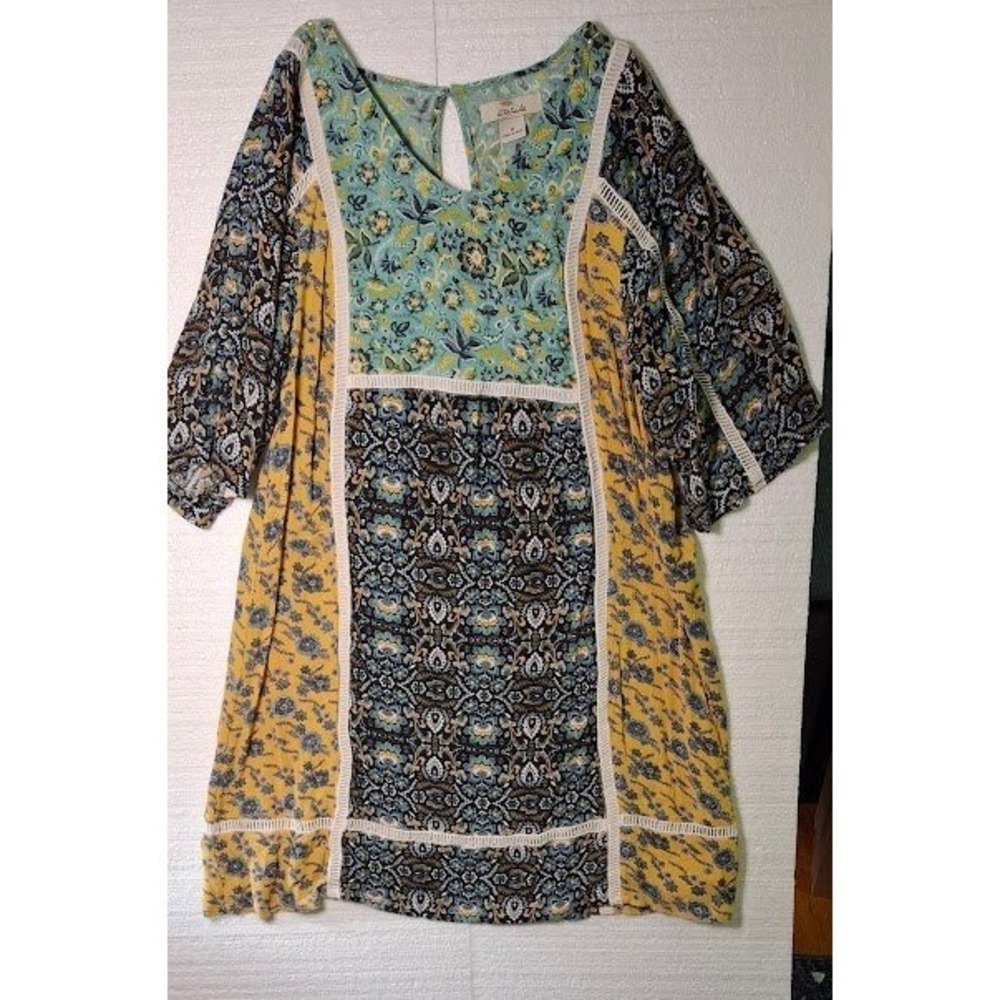 Bob Timberlake Womens Floral Paisley Patchwork Dress Crochet Lace Blue Yellow M